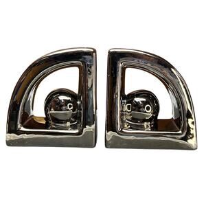 Vintage Jaru Post Modern Chrome Ceramic Bookends Sphere Abstract Metallic Retro